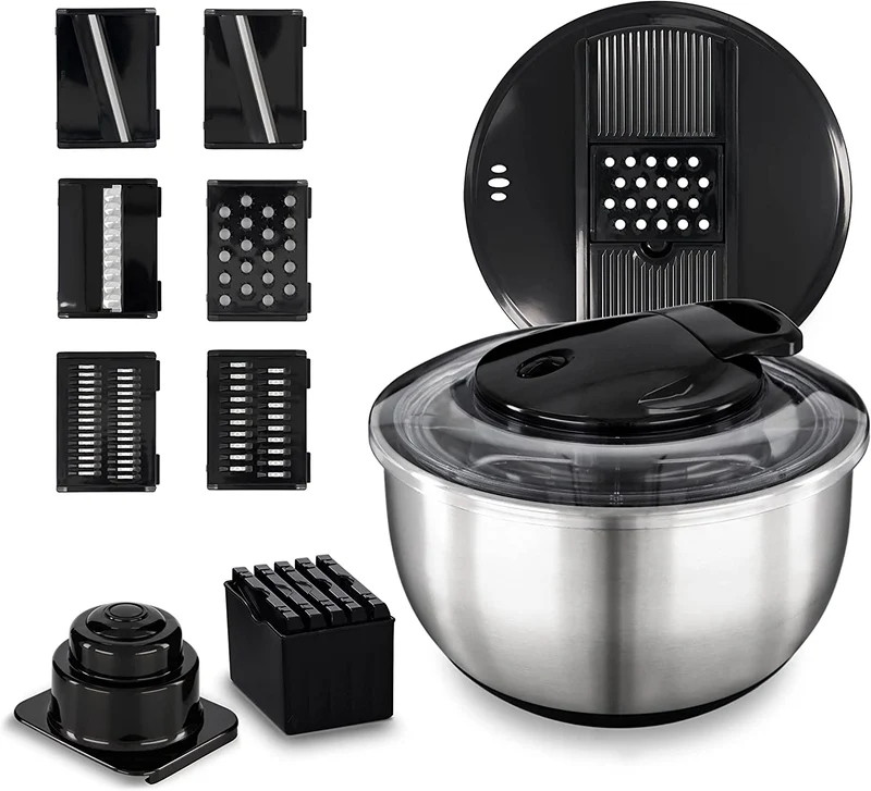 Essoreuse à salade GSD en acier inoxydable avec fonction d'arrêt et mandoline intégrée