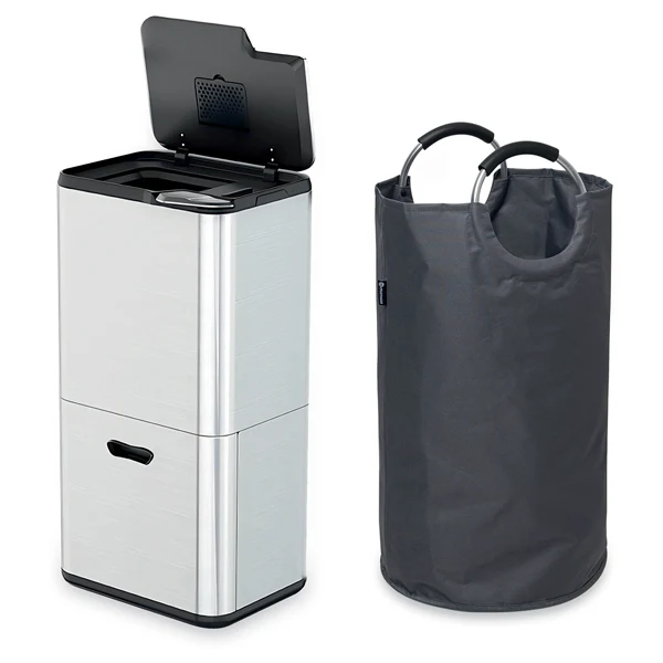 Lot poubelle de cuisine 3 bacs de tri sélectif 63 L inox et grand panier de tri 72 L Mathon