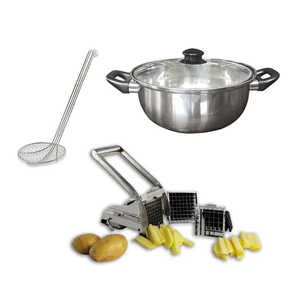 Lot friteuse traditionnelle, coupe-frites et araignée à friture