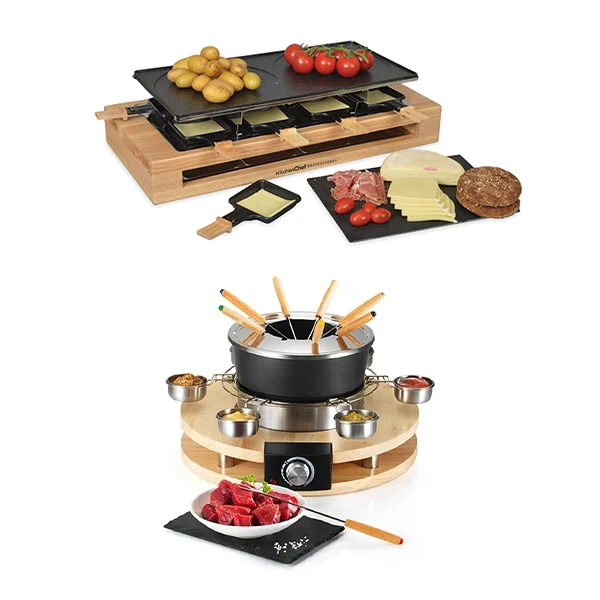Lot appareil à raclette et appareil à fondue en bois Kitchen Chef Professional
