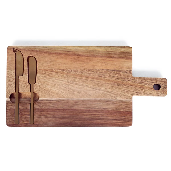 Plateau à fromage en bois d'acacia et couteaux inox or brossé Livoo