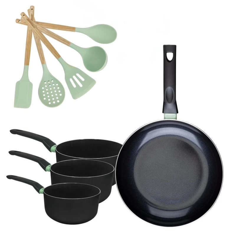 Batterie de cuisine avec 1 poêle 30 cm et 3 casseroles 16/18/20 cm et 5 ustensiles de cuisine Fackelmann Brandao Océan