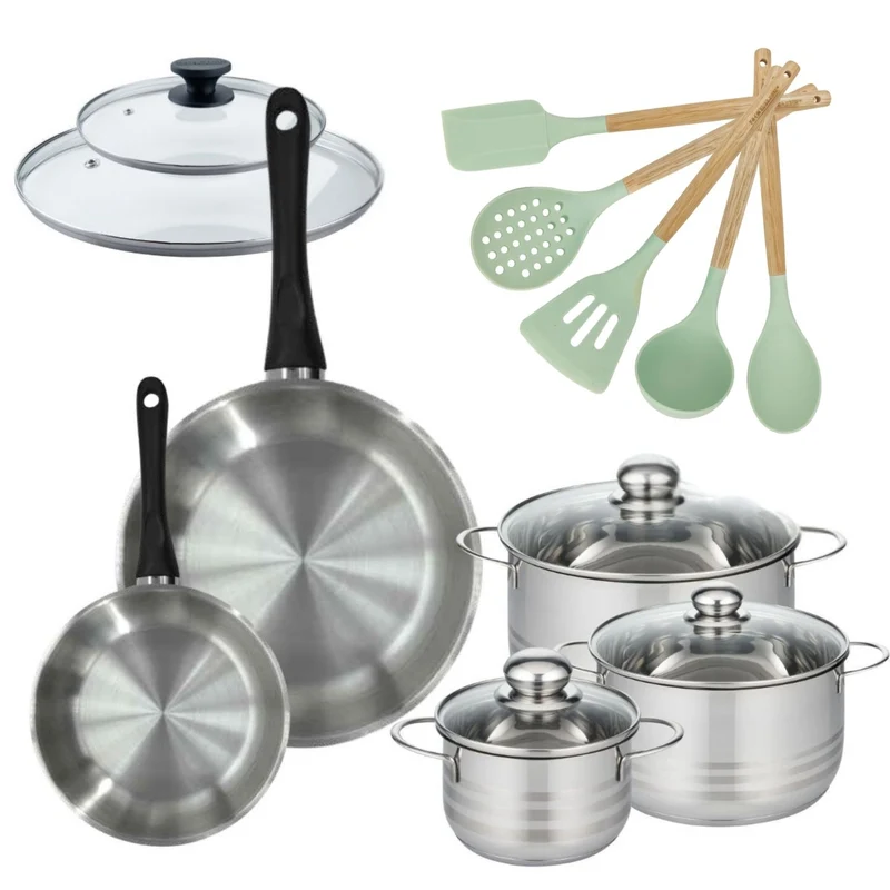 Batterie de cuisine avec 3 faitouts 16/20/24 cm et 2 poêles 20/28 cm avec 7 ustensiles de cuisine Fackelmann Généva Brillant Ocean avec couvercles