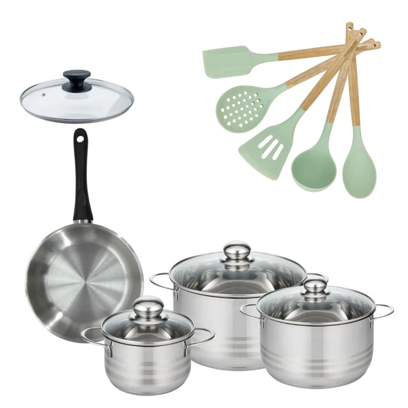 Batterie de cuisine avec 3 faitouts 16/20/24 cm et 1 poêle 20 cm avec 6 ustensiles de cuisine Fackelmann Généva Brillant Ocean avec couvercles