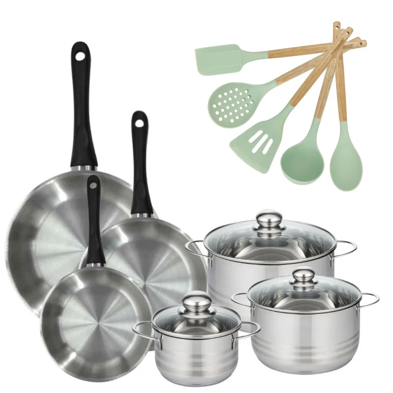 Batterie de cuisine avec 3 faitouts 16/20/24 cm et 3 poêles 20/24/28 cm avec 5 ustensiles de cuisine Fackelmann Généva Brillant Ocean