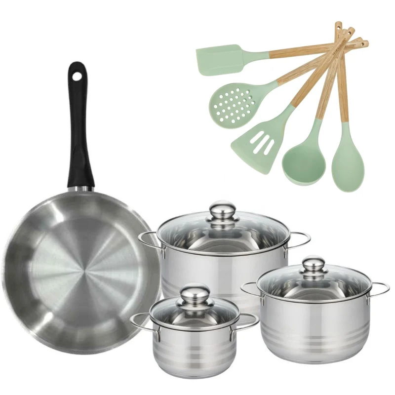 Batterie de cuisine avec 3 faitouts 16/20/24 cm et 1 poêle 28 cm avec 5 ustensiles de cuisine Fackelmann Généva Brillant Ocean