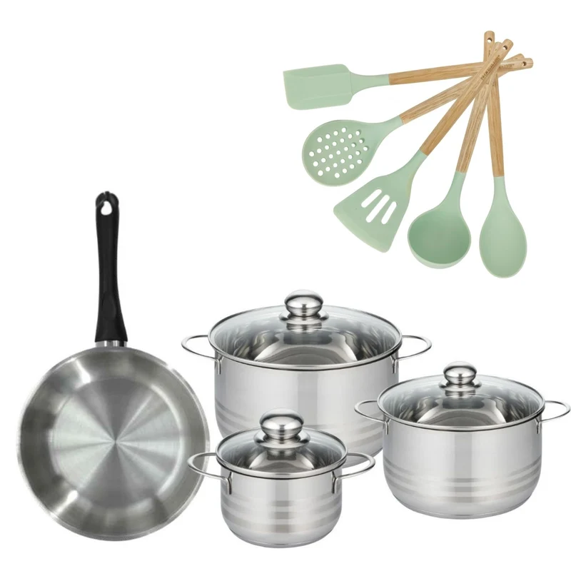 Batterie de cuisine avec 3 faitouts 16/20/24 cm et 1 poêle 24 cm avec 5 ustensiles de cuisine Fackelmann Généva Brillant Ocean