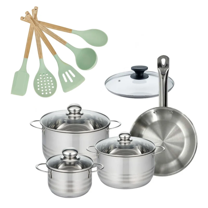 Batterie de cuisine avec 3 faitouts 16/20/24 cm et 1 poêle 24 cm avec 6 ustensiles de cuisine Fackelmann Etherna Brillant Fenix Océan avec couvercles