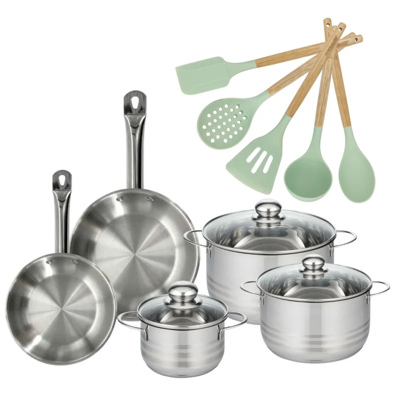 Batterie de cuisine avec 3 faitouts 16/20/24 cm et 2 poêles 20/24 cm et 5 ustensiles de cuisine sans PFAS Fackelmann Etherna Brillant Fenix Océan