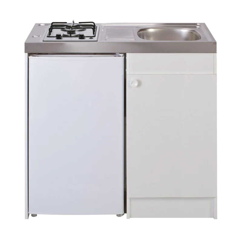 Kitchenette complète 100 cm + domino gaz + évier inox réversible avec réfrigérateur top 4* 100M2P114DG