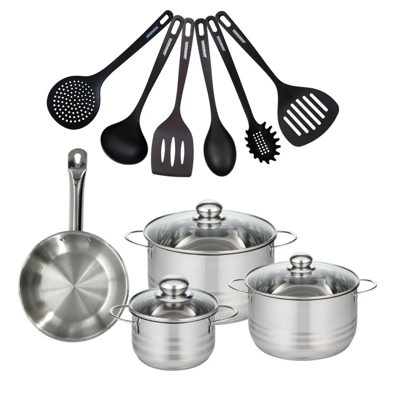 Batterie de cuisine avec 1 poêle 20 cm et 3 faitouts 16/20/24 cm avec 6 ustensiles de cuisine sans PFAS Fackelmann Etherna Brillant Fenix