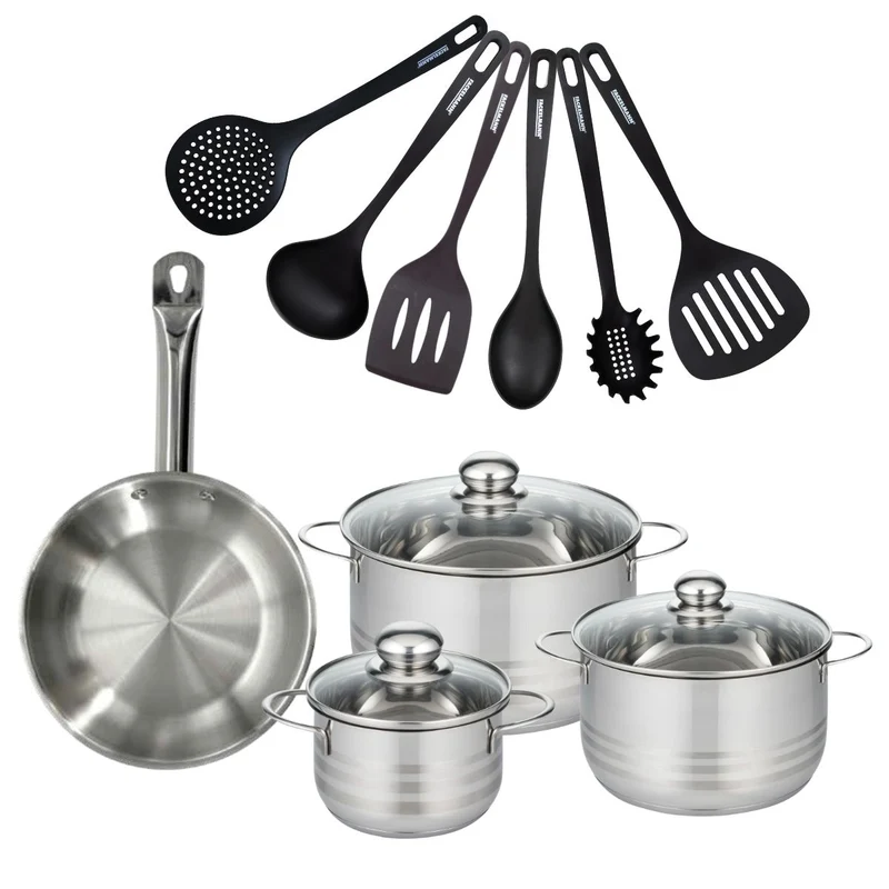 Batterie de cuisine avec 1 poêle 24 cm et 3 faitouts 16/20/24 cm et 6 ustensiles de cuisine sans PFAS Fackelmann Etherna Brillant Fenix