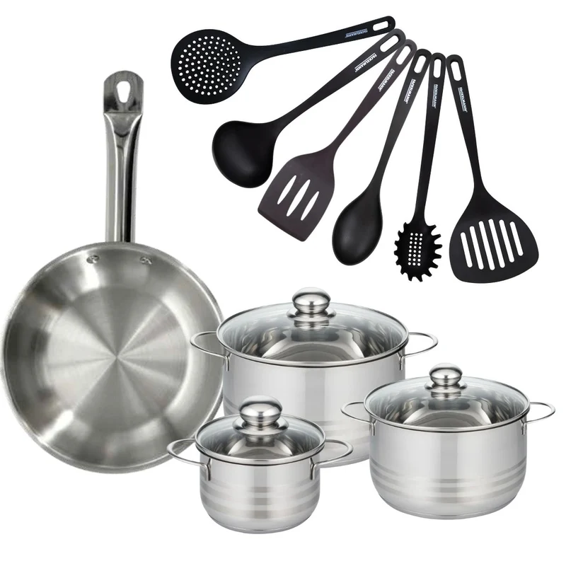 Batterie de cuisine avec 1 poêle 28 cm et 3 faitouts 16/20/24 cm avec 6 ustensiles de cuisine sans PFAS Fackelmann Etherna Brillant Fenix