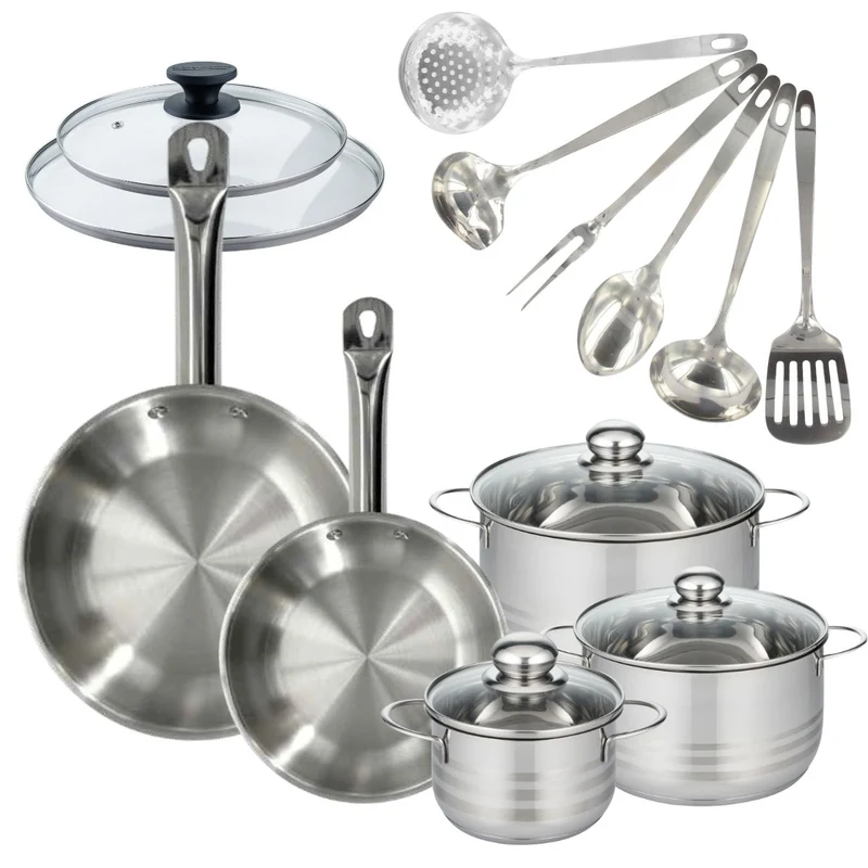 Batterie de cuisine 2 poêles 24/28 cm et couvercles, 3 faitouts 16/20/24 cm et 6 ustensiles Fackelmann Eterna