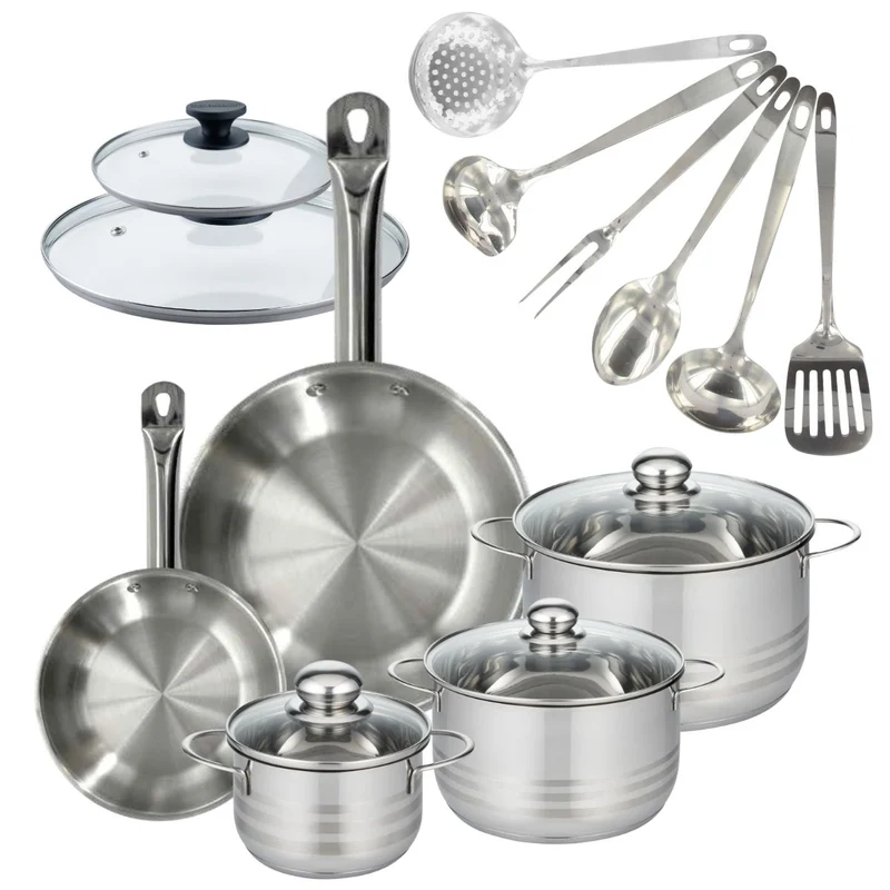 Batterie de cuisine 2 poêles 20/28 cm et couvercles, 3 faitouts 16/20/24 cm et 6 ustensiles Fackelmann Eterna