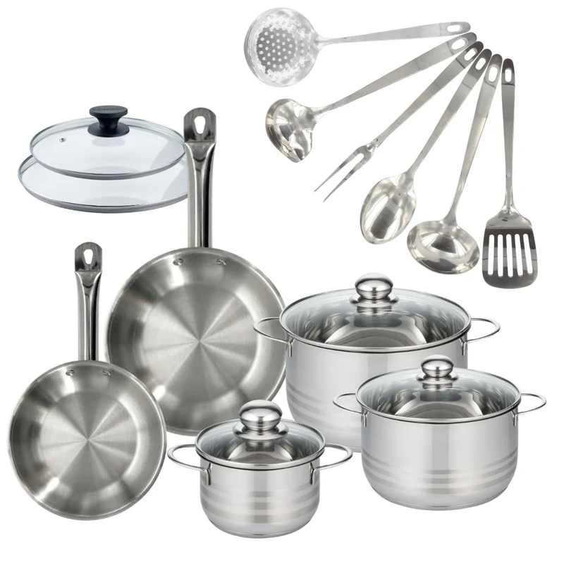 Batterie de cuisine 2 poêles 20/24 cm et couvercles, 3 faitouts 16/20/24 cm et 6 ustensiles Fackelmann Eterna