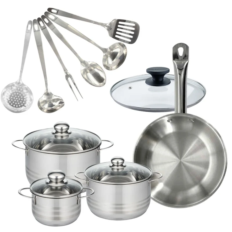 Batterie de cuisine avec 1 poêle 28 cm et 3 faitouts 20/24/16 cm avec 7 ustensiles de cuisine Fackelmann Etherna Brillant Oxford avec couvercles