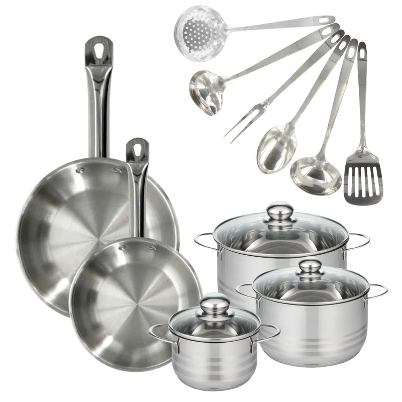 Batterie de cuisine avec 2 poêles 24/28 cm et 3 faitouts 20/24/16 cm avec 6 ustensiles de cuisine Fackelmann Etherna Brillant Oxford