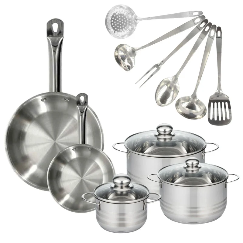 Batterie de cuisine avec 2 poêles 20/28 cm et 3 faitouts 20/24 cm avec 6 ustensiles de cuisine Fackelmann Etherna Brillant Oxford