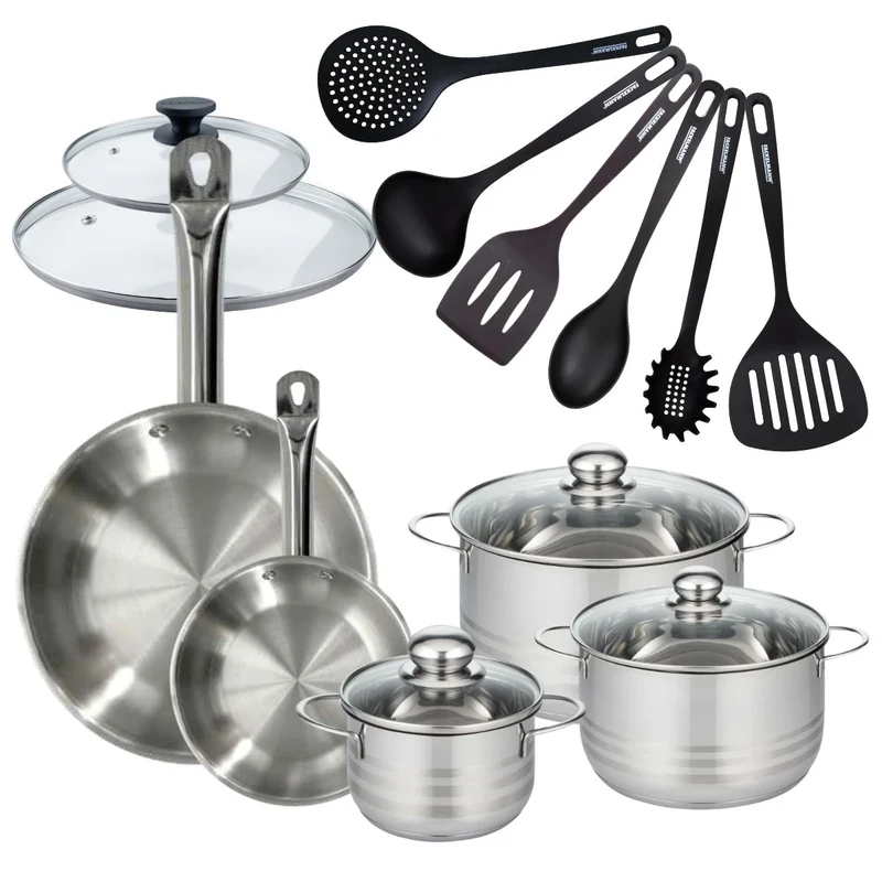 Batterie de cuisine 2 poêles 20/28 cm et couvercles, 3 faitouts 16/20/24 cm et 6 ustensiles Fackelmann Eterna
