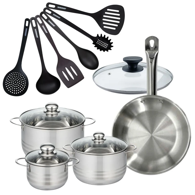 Batterie de cuisine 1 poêle 28 cm et couvercle, 3 faitouts 20/24/16 cm et 6 ustensiles de cuisine Fackelmann Eterna
