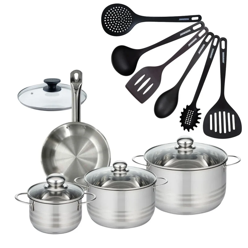 Batterie de cuisine 1 poêle 20 cm et couvercle, 3 faitouts 20/24/16 cm et 6 ustensiles de cuisine Fackelmann Eterna