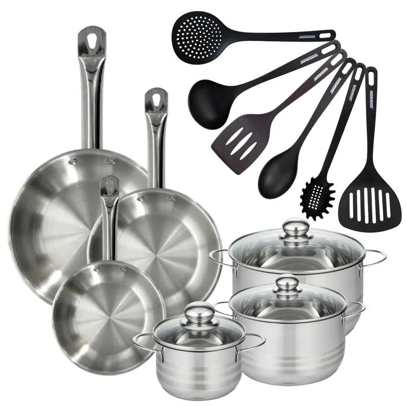 Batterie de cuisine avec 3 poêles 20/24/28 cm et 3 faitouts 16/20/24 cm avec 6 ustensiles de cuisine Fackelmann Etherna Brillant Fenix