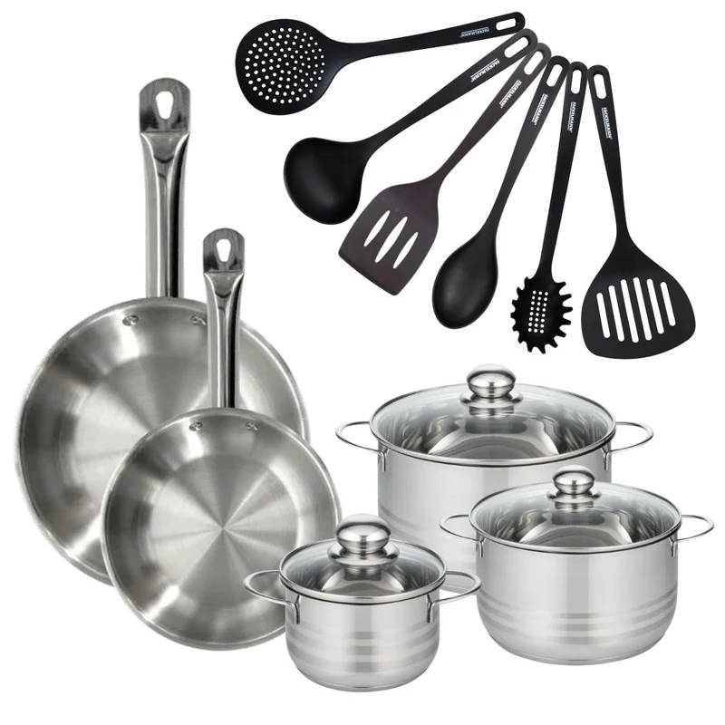 Batterie de cuisine 2 poêles 24/28 cm, 3 faitouts 20/24/16 cm et 6 ustensiles de cuisine Fackelmann Eterna