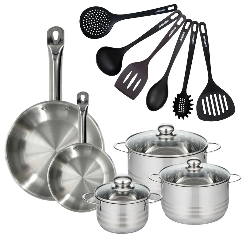 Batterie de cuisine avec 2 poêles 20/28 cm et 3 faitouts 20/24 cm avec 6 ustensiles de cuisine sans PFAS Fackelmann Etherna Brillant Fenix