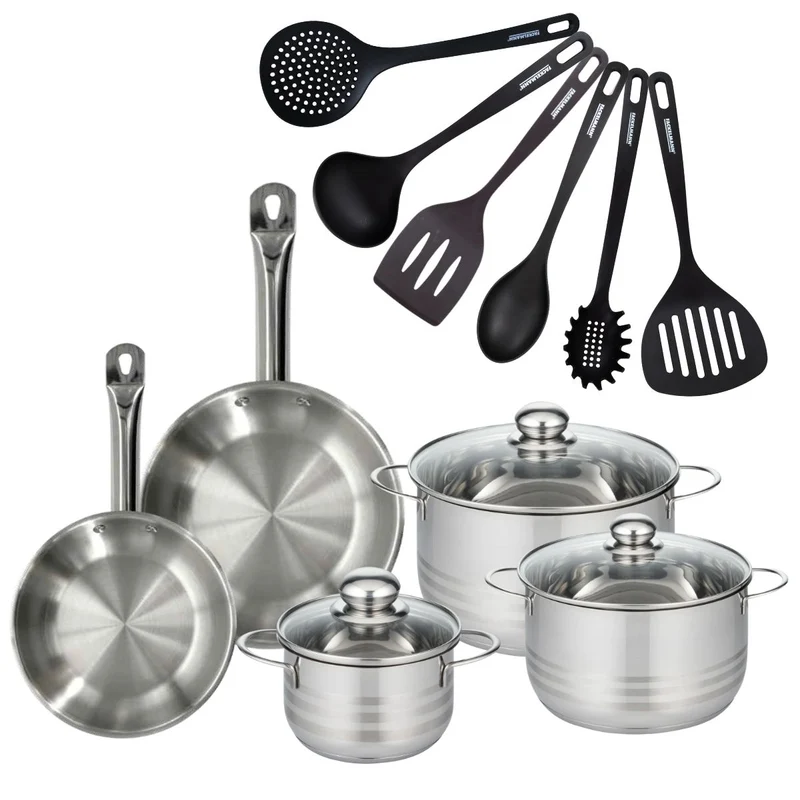 Batterie de cuisine avec 2 poêles 20/24 cm et 3 faitouts 20/24 cm avec 6 ustensiles de cuisine Fackelmann Etherna Brillant Fenix