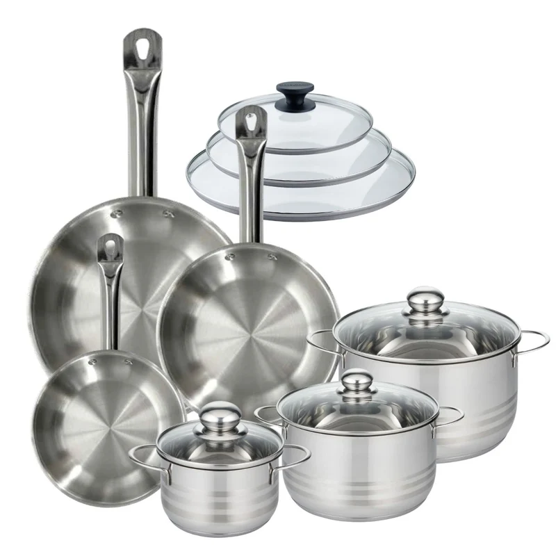 Batterie de cuisine avec 3 poêles 20/24/28 cm et 3 faitouts 16/20/24 cm sans PFAS Fackelmann Eterna Brillant avec couvercles