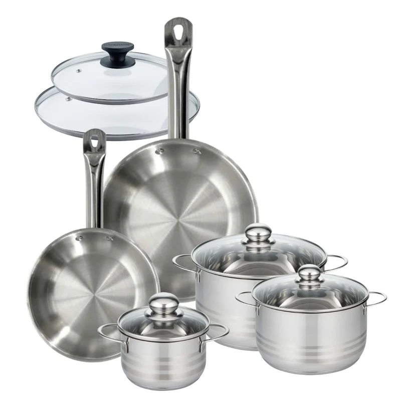 Batterie de cuisine avec 2 poêles 24/28 cm et 3 faitouts 16/20/24 cm sans PFAS Fackelmann Eterna Brillant avec couvercles