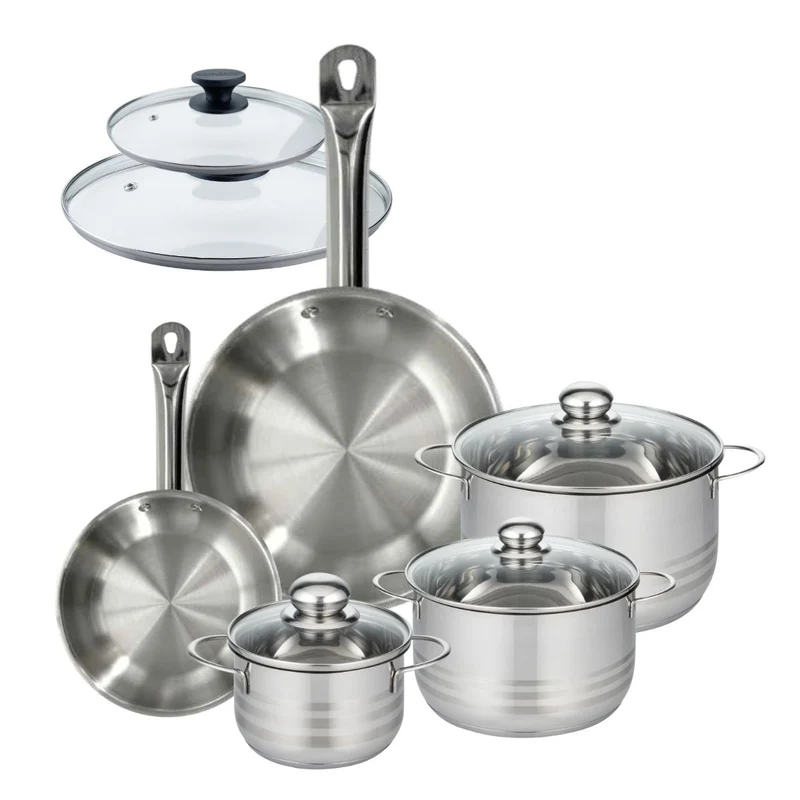 Batterie de cuisine avec 2 poêles 20/28 cm et 3 faitouts 16/20/24 cm sans PFAS Fackelmann Eterna Brillant avec couvercles