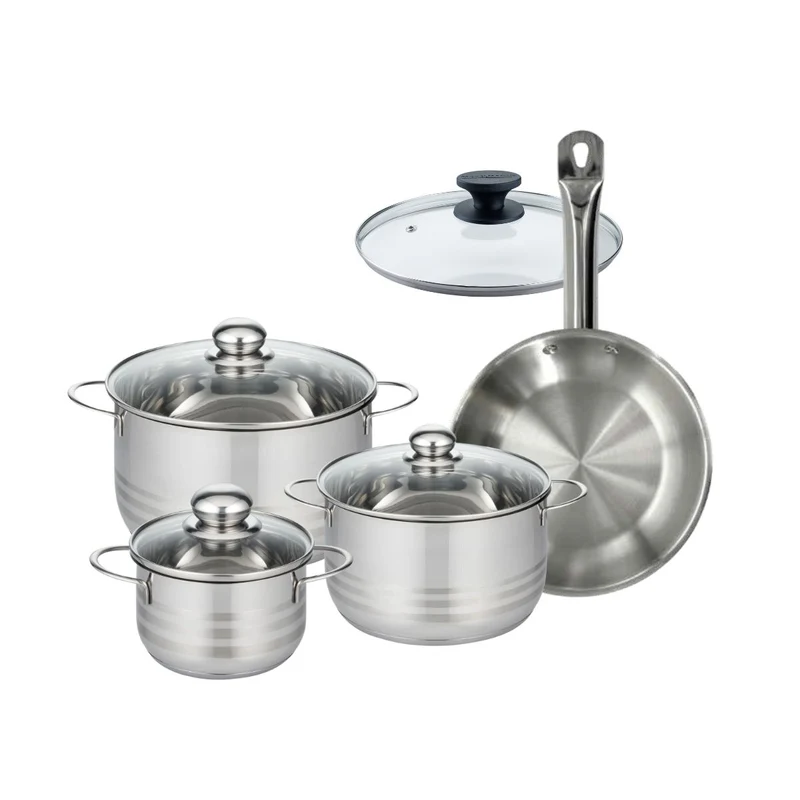 Batterie de cuisine avec 1 poêle 24 cm 1 couvercle et 3 faitouts 16/20/24 cm sans PFAS Fackelmann Eterna Brillant avec couvercles