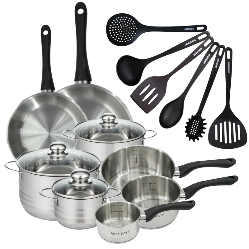 Batterie de 2 poêles 24/28 cm, 3 casseroles 12/16/20 cm, 3 faitouts 16/20/24 cm, 6 ustensiles Fackelmann Geneva