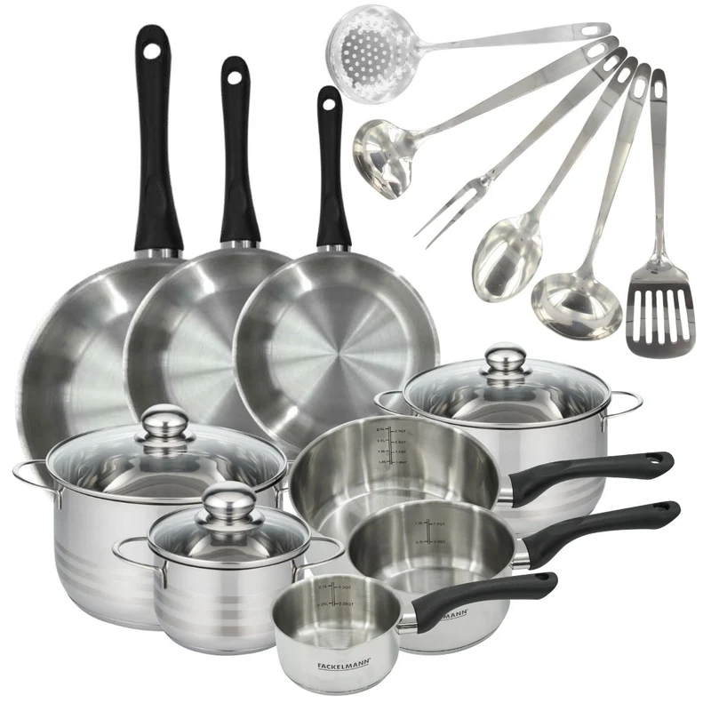 Batterie de cuisine avec 3 poêles 20/24/28 cm et 3 casseroles 12/16/20 cm avec 6 ustensiles de cuisine Fackelmann Généva Brillant Oxford