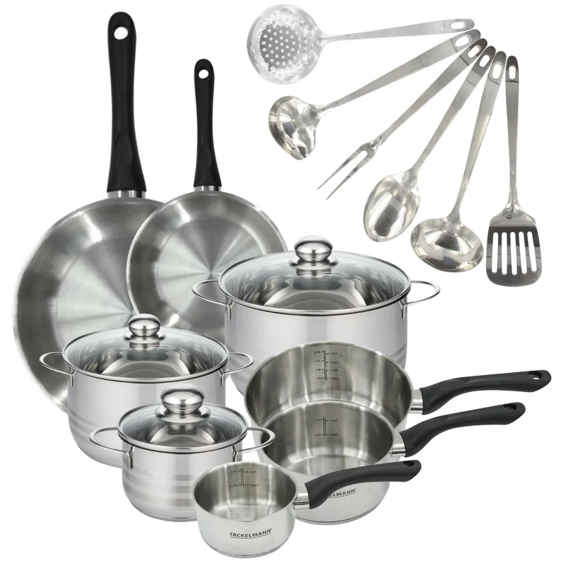 Batterie de 2 poêles 20/28 cm, 3 casseroles 12/16/20 cm, 3 faitouts 16/20/24 cm et 6 ustensiles Fackelmann Geneva