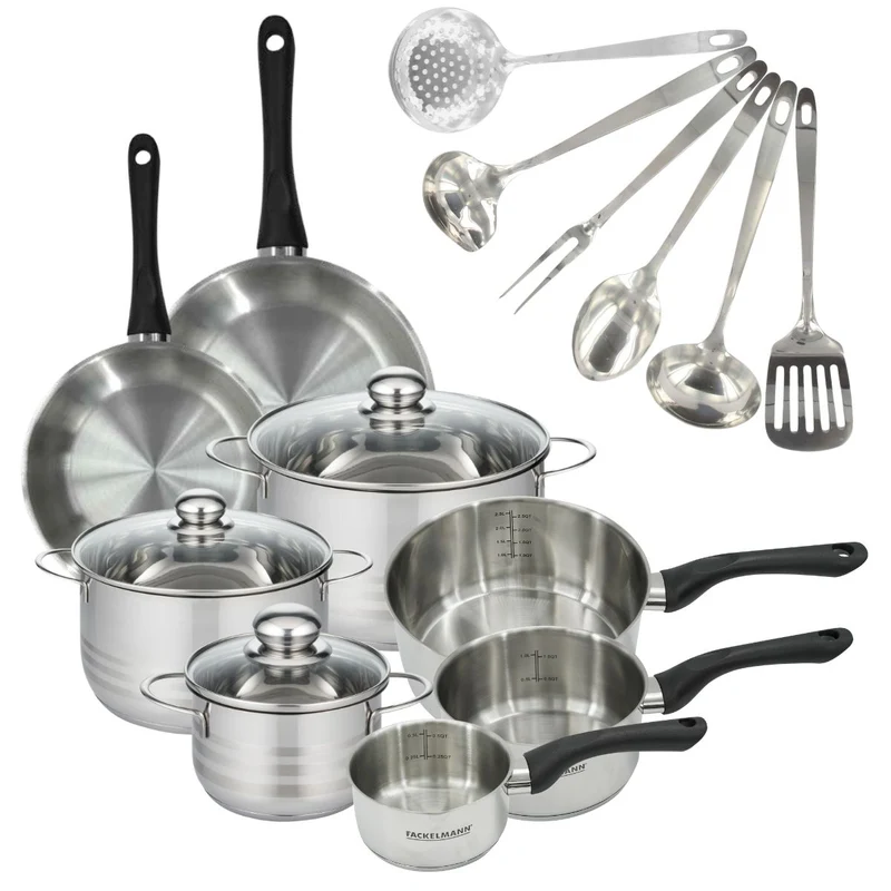 Batterie de 2 poêles 20/24 cm, 3 casseroles 12/16/20 cm, 3 faitouts 16/20/24 cm et 6 ustensiles Fackelmann Geneva