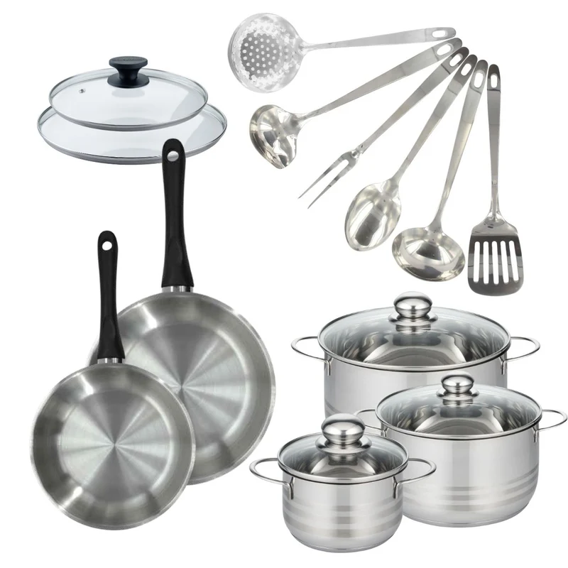 Batterie de cuisine 2 poêles 20/24 cm et couvercles, 3 faitouts 16/20/24 cm et 6 ustensiles Fackelmann Geneva