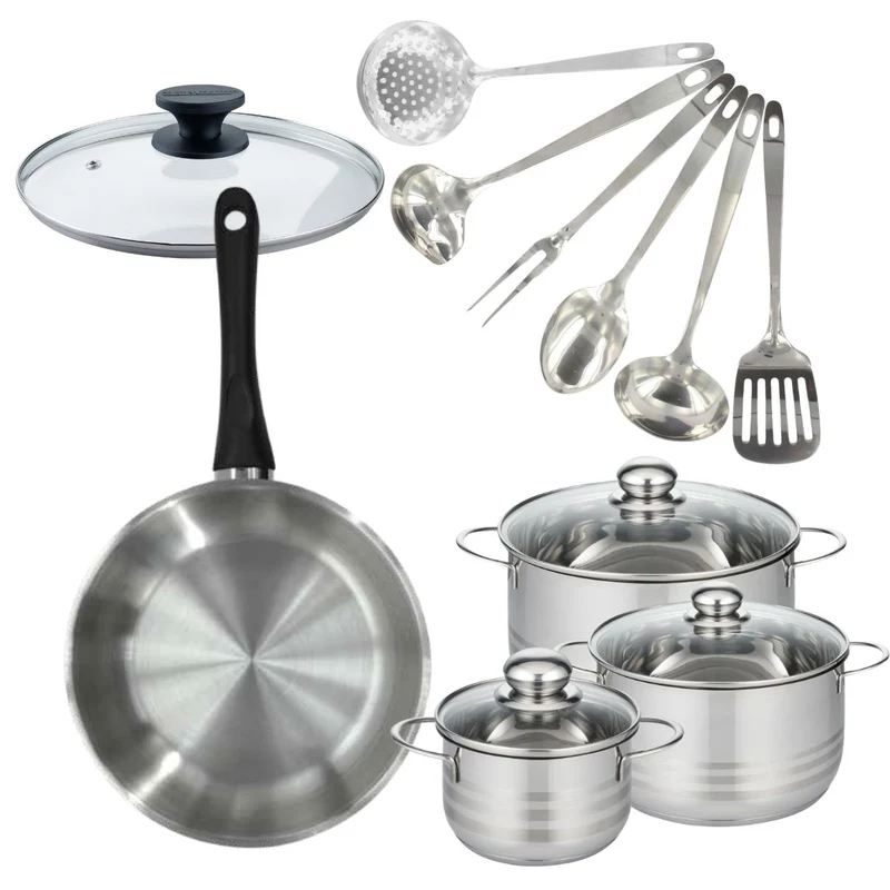 Batterie de cuisine avec 1 poêle 28 cm et 3 faitouts 16/20/24 cm et 7 ustensiles de cuisine Fackelmann Généva Brillant Oxford avec couvercles