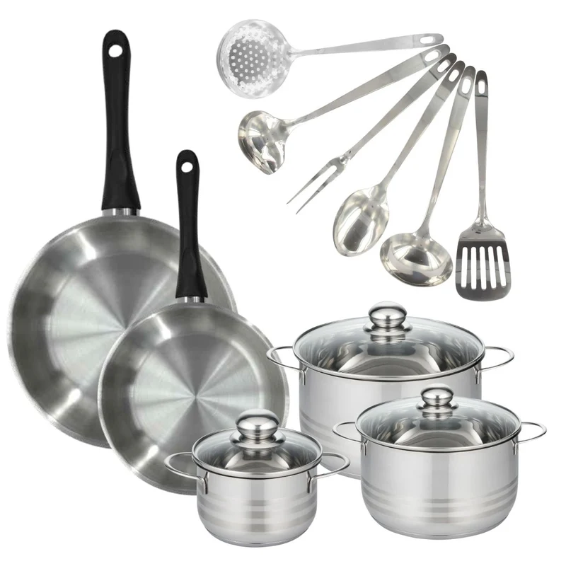 Batterie de cuisine avec 2 poêles 24/28 cm et 3 faitouts 16/20/24 cm avec 6 ustensiles de cuisine sans PFAS Fackelmann Généva Brillant Oxford