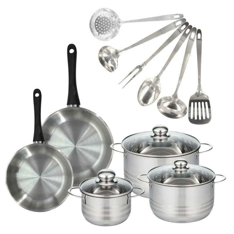 Batterie de cuisine avec 2 poêles 20/24 cm et 3 faitouts 16/20/24 cm avec 6 ustensiles de cuisine Fackelmann Généva Brillant Oxford