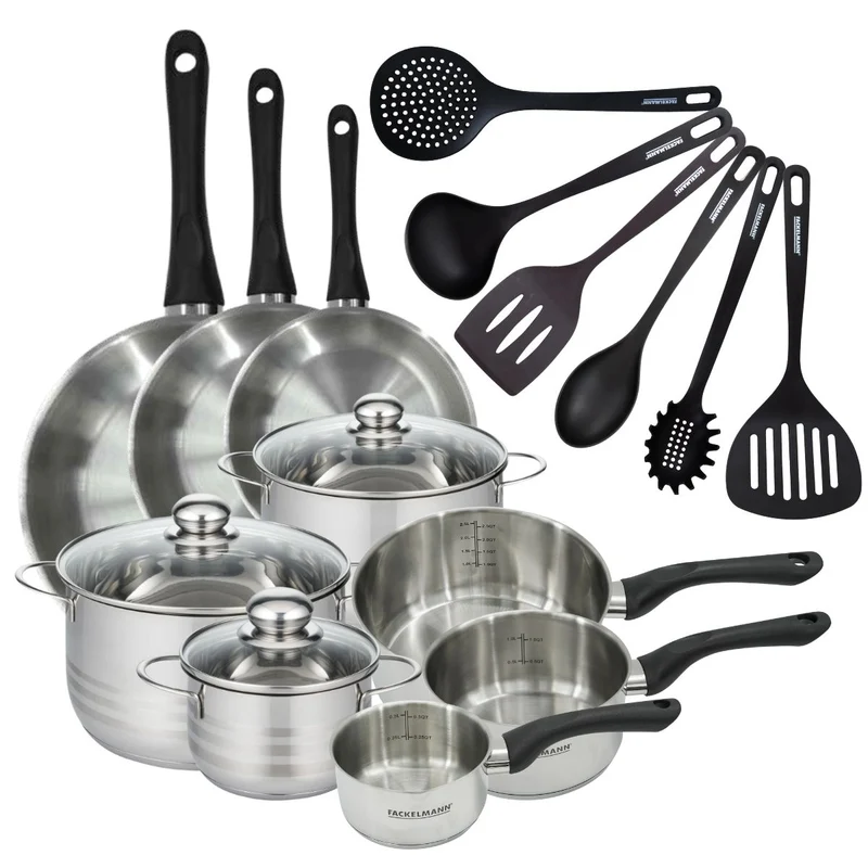 Batterie de 3 poêles 20/24/28 cm, 3 casseroles 12/16/20 cm, 3 faitouts 16/20/24 cm, 6 ustensiles Fackelmann Geneva