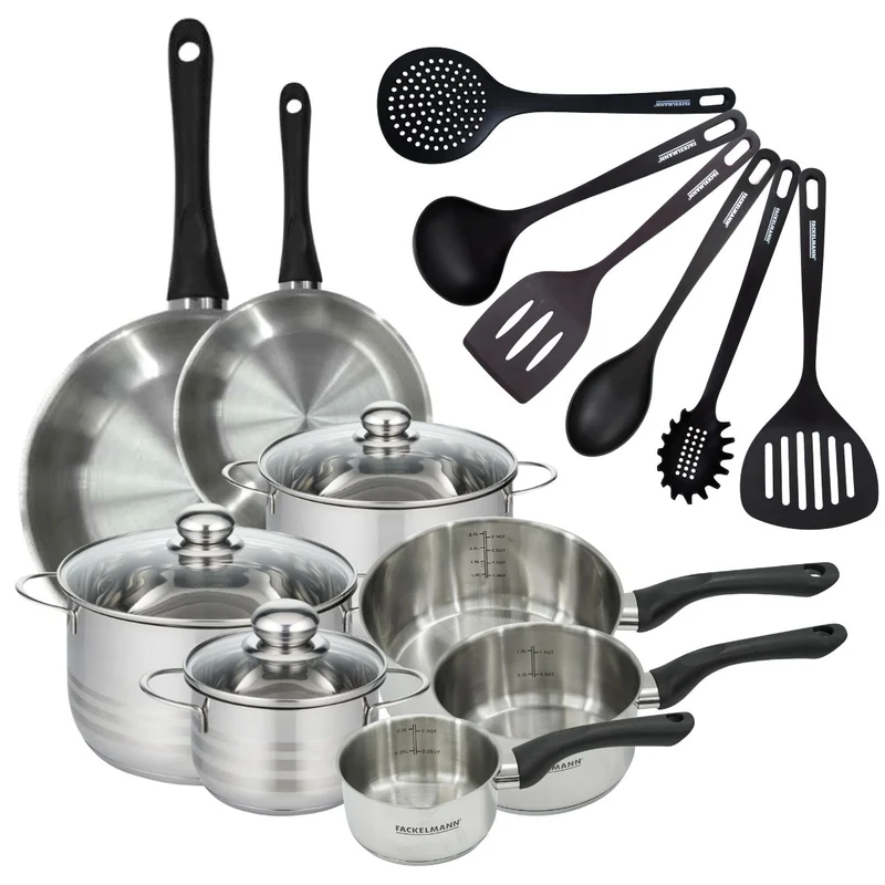 Batterie de 2 poêles 20/28 cm, 3 casseroles 12/16/20 cm, 3 faitouts 16/20/24 cm, 6 ustensiles Fackelmann Geneva