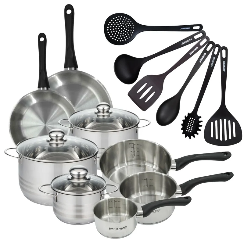 Batterie de 2 poêles 20/24 cm, 3 casseroles 12/16/20 cm, 3 faitouts 16/20/24 cm, 6 ustensiles Fackelmann Geneva