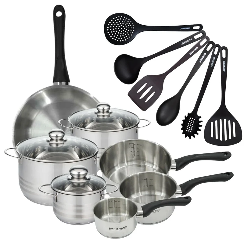 Batterie de cuisine 1 poêle 28 cm, 3 casseroles 12/16/20 cm, 3 faitouts 16/20/24 cm, 6 ustensiles Fackelmann Geneva