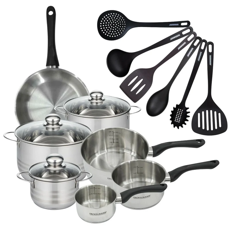 Batterie de cuisine 1 poêle 24 cm, 3 casseroles 12/16/20 cm, 3 faitouts 16/20/24 cm, 6 ustensiles Fackelmann Geneva