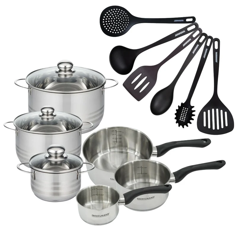 Batterie de cuisine avec 3 casseroles 12/16/20 cm et 3 faitouts 16/20/24 cm avec 6 ustensiles de cuisine sans PFAS Fackelmann Généva Brillant Fénix