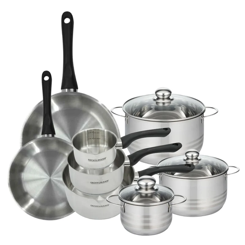 Batterie de cuisine avec 2 poêles 24/28 cm 3 casseroles 12/16/20 cm et 3 faitouts 16/20/24 cm en inox sans PFAS Fackelmann Généva Brillant