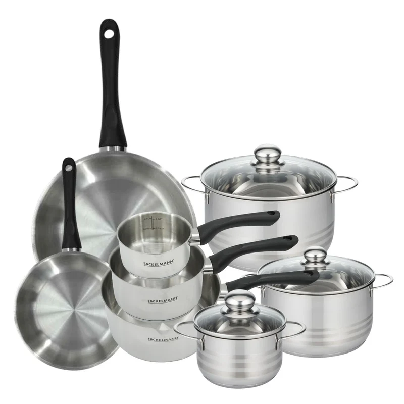 Batterie de cuisine avec 2 poêles 20/28 cm 3 casseroles 12/16/20 cm et 3 faitouts 16/20/24 cm en inox sans PFAS Fackelmann Généva Brillant